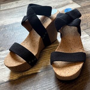 NEW Lucky Brand Black Cork Wedge Sandals with Crisscross Straps